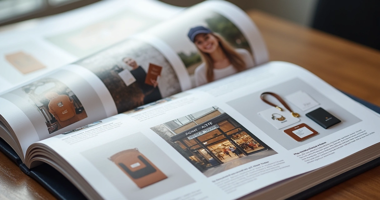 Página de manual com exemplos de aplicações de identidade visual em redes sociais e embalagens 