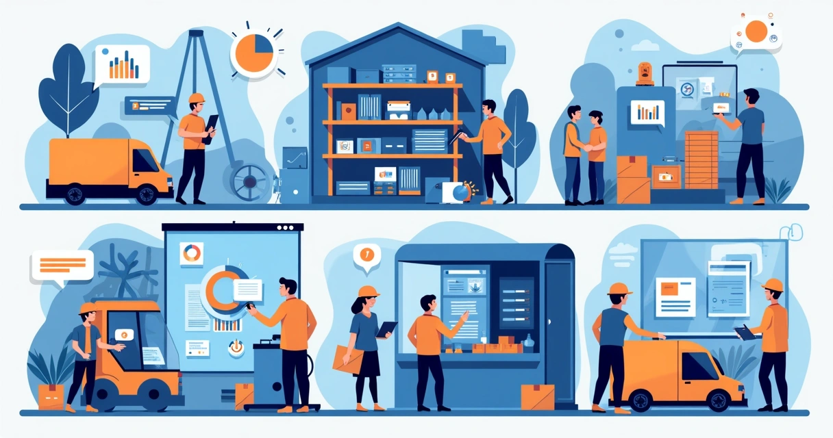 Colagem visual mostrando exemplos de IA na logística, varejo, indústria e serviços 