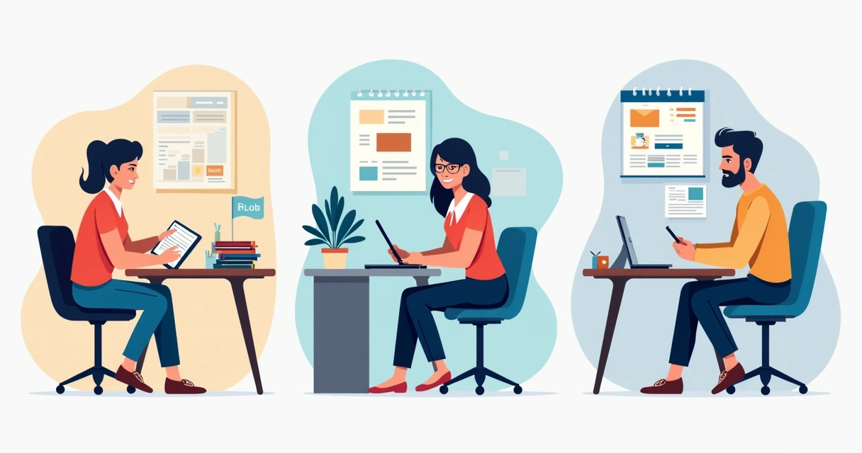 Três pessoas em ambientes distintos organizando suas rotinas