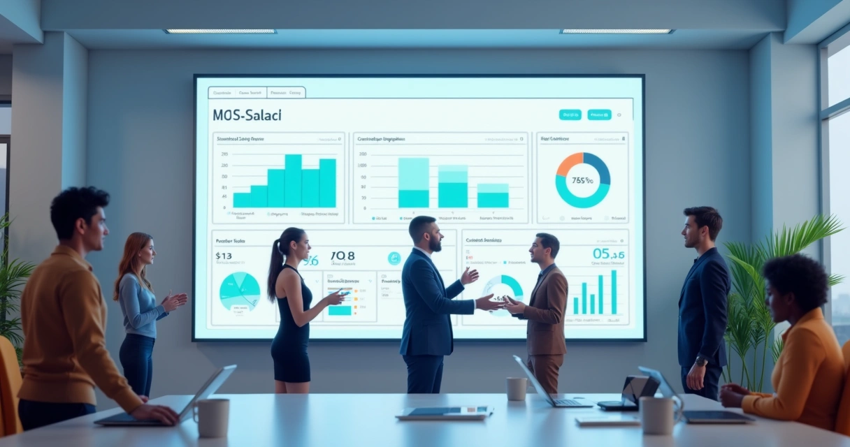 Equipe comercial usando painel digital integrado 