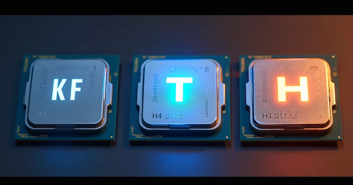 Comparação lado a lado de três processadores Intel Core com sufixos diferentes 