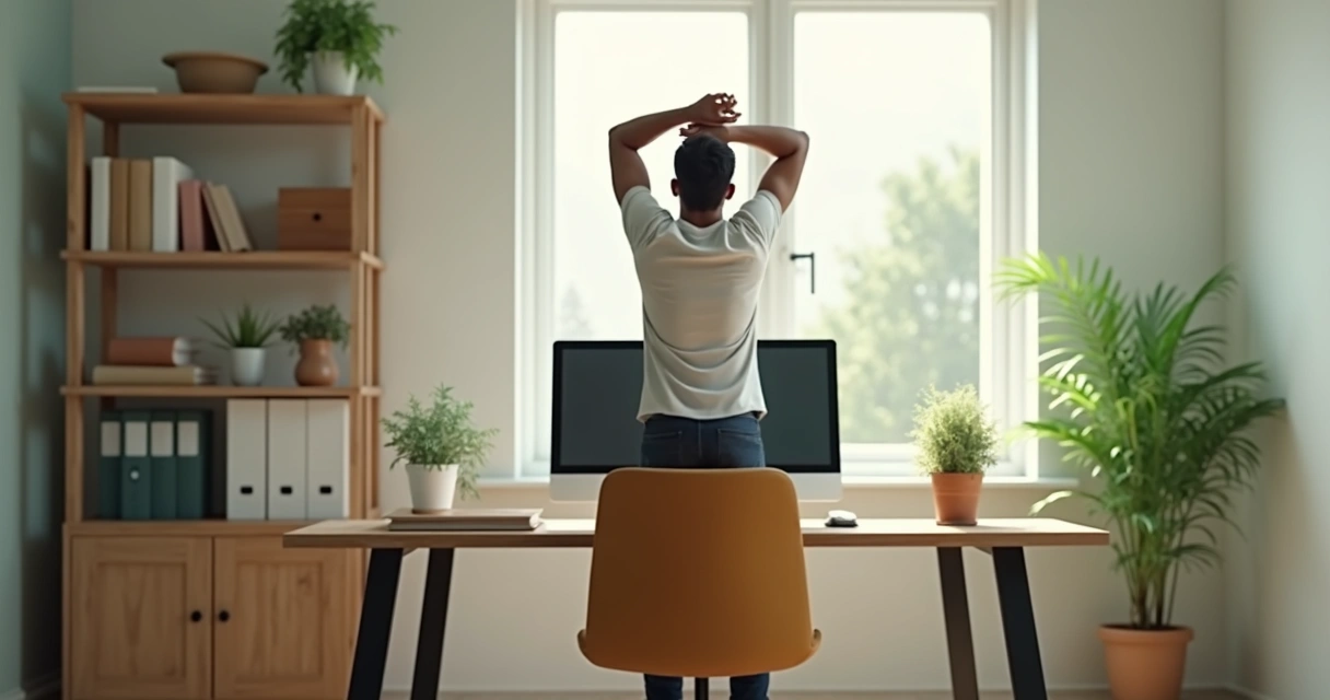 Pessoa fazendo exercício de alongamento no escritório