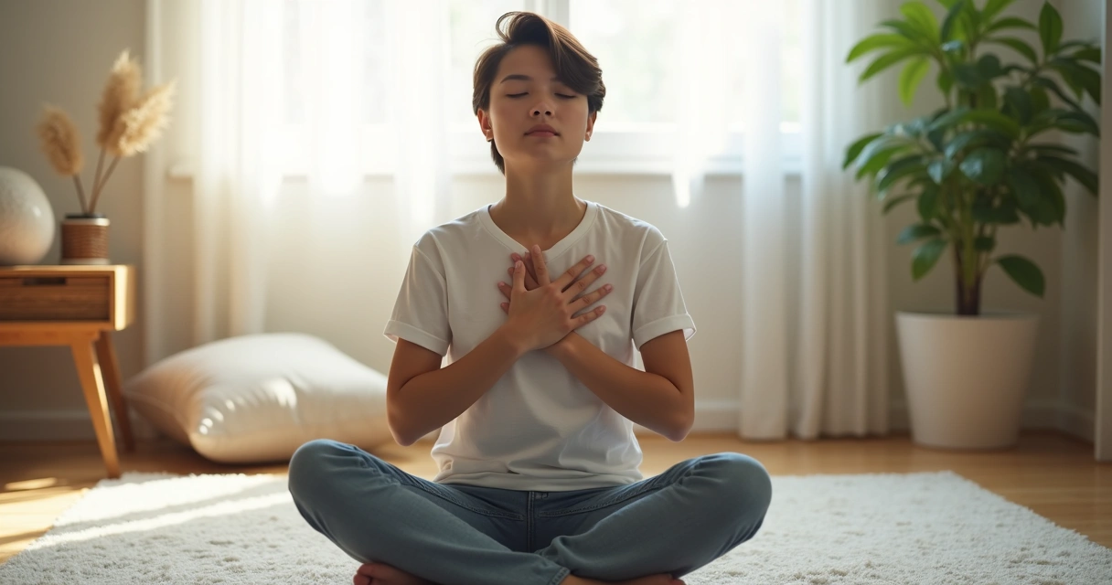 Pessoa de olhos fechados sentado em silêncio, praticando auto-observação