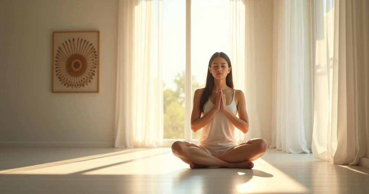 Pessoa sentada em postura de meditação, olhos fechados, mãos sobre o coração, ambiente claro e calmo. 