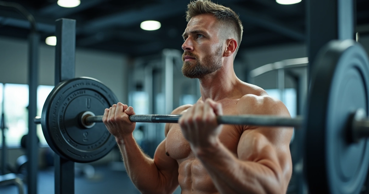 Homem fazendo exercício de bíceps com barra na academia 