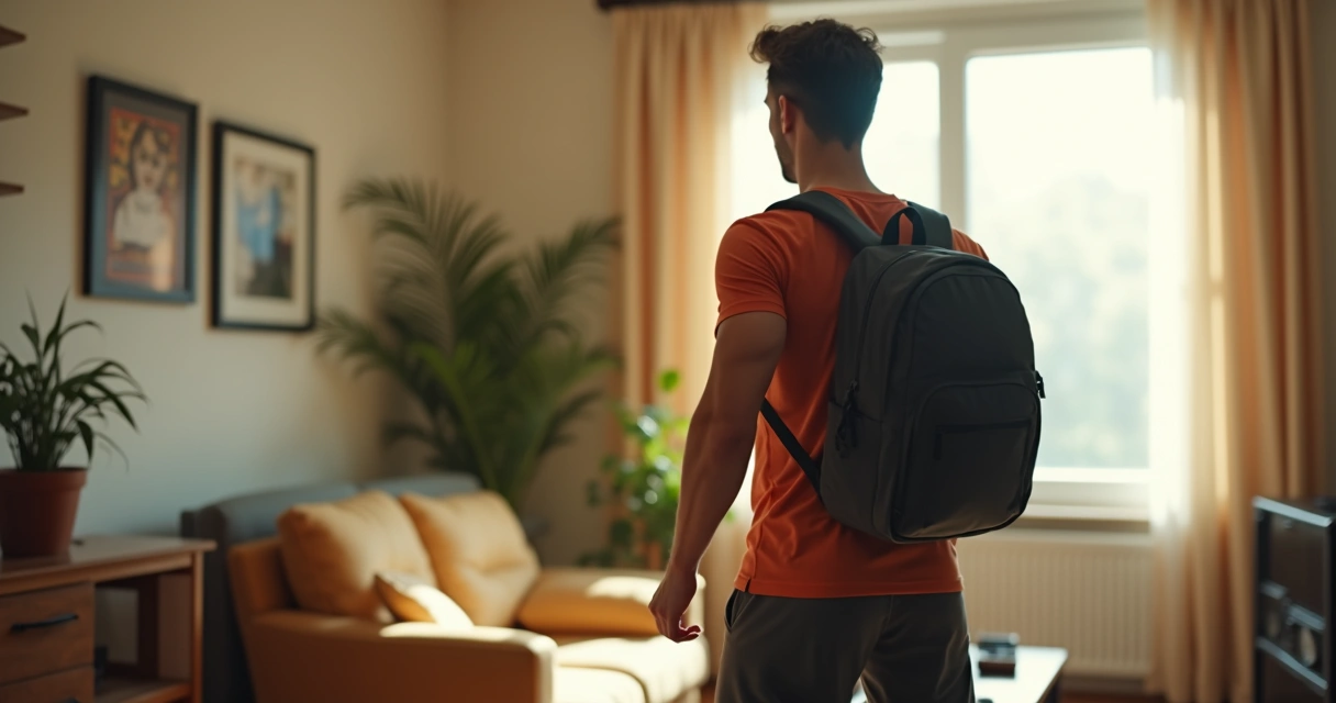 Pessoa improvisando exercício de bíceps em casa com mochila