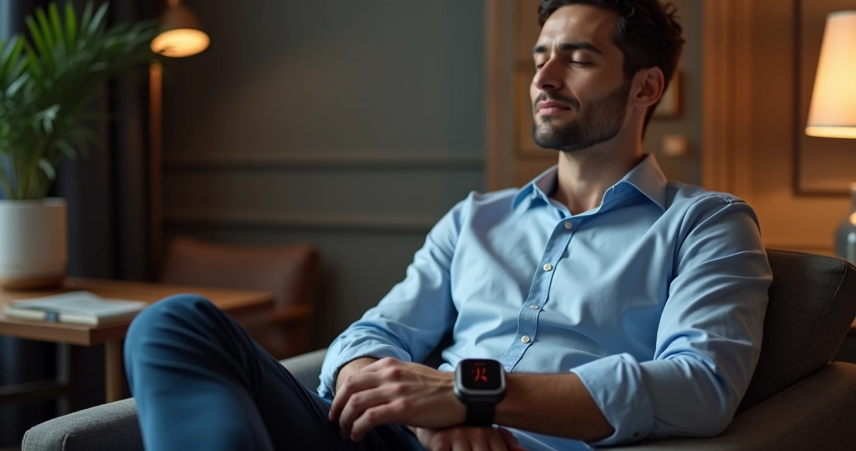 Homem com aparelho de biofeedback fitness em ambiente sofisticado 