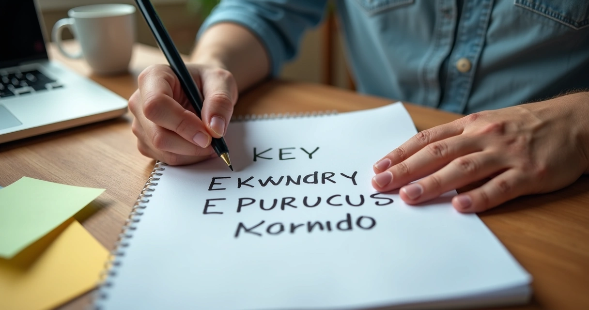 Pessoa anotando três palavras em caderno ao planejar branding 