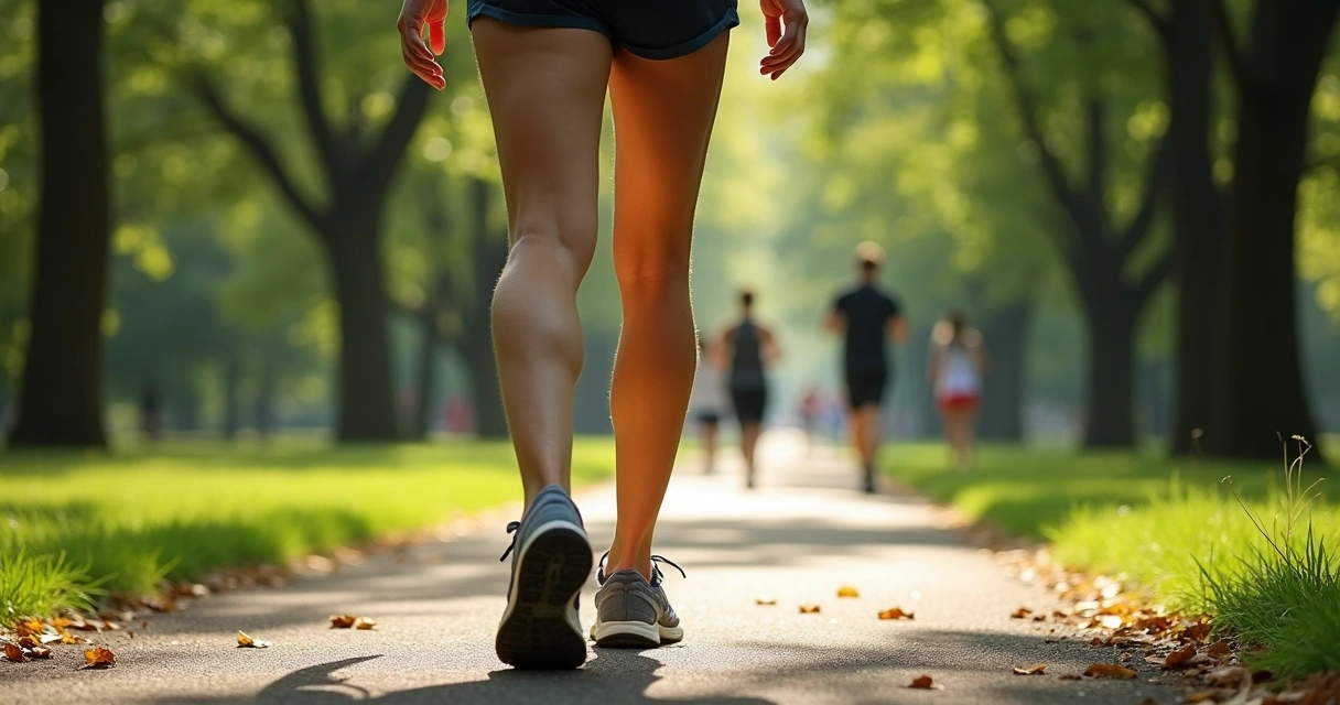 Pessoa caminhando em parque com pernas à mostra 