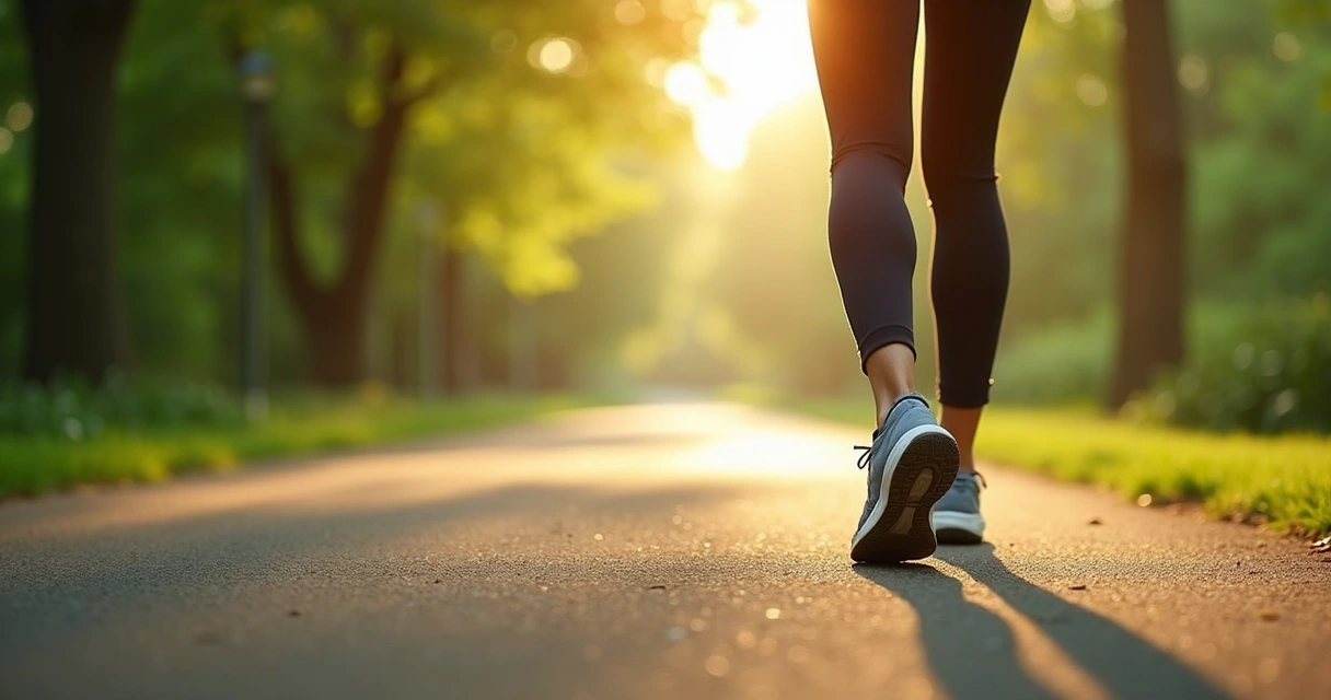 Pessoa caminhando em parque verde, usando tênis e roupas leves, com foco nas pernas em movimento 