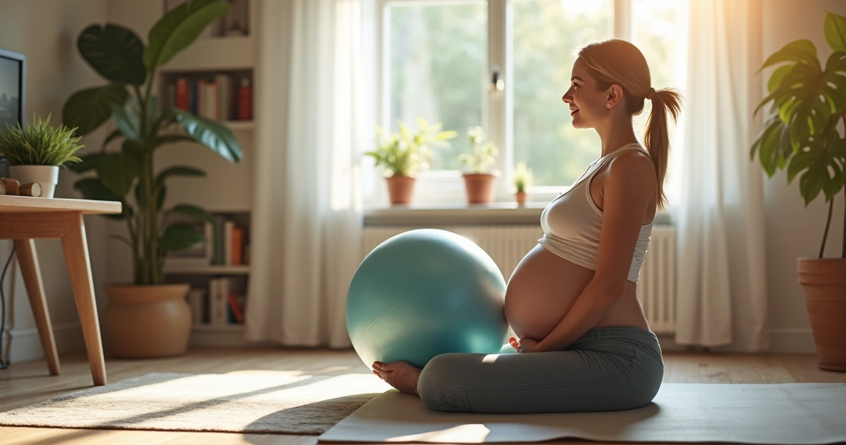 Grávida fazendo exercício com bola em casa, ambiente acolhedor. 