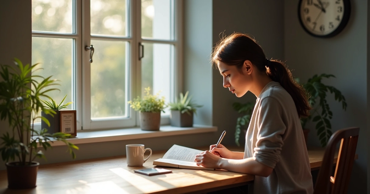 Pessoa praticando exercícios cerebrais em um ambiente tranquilo, com elementos que remetam a leitura e reflexão 