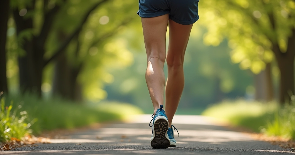 Pessoa caminhando em parque, pernas em destaque, roupas esportivas
