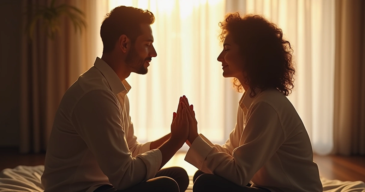 Duas pessoas sentadas frente a frente, olhos fechados, mãos dadas em gesto de acolhimento 