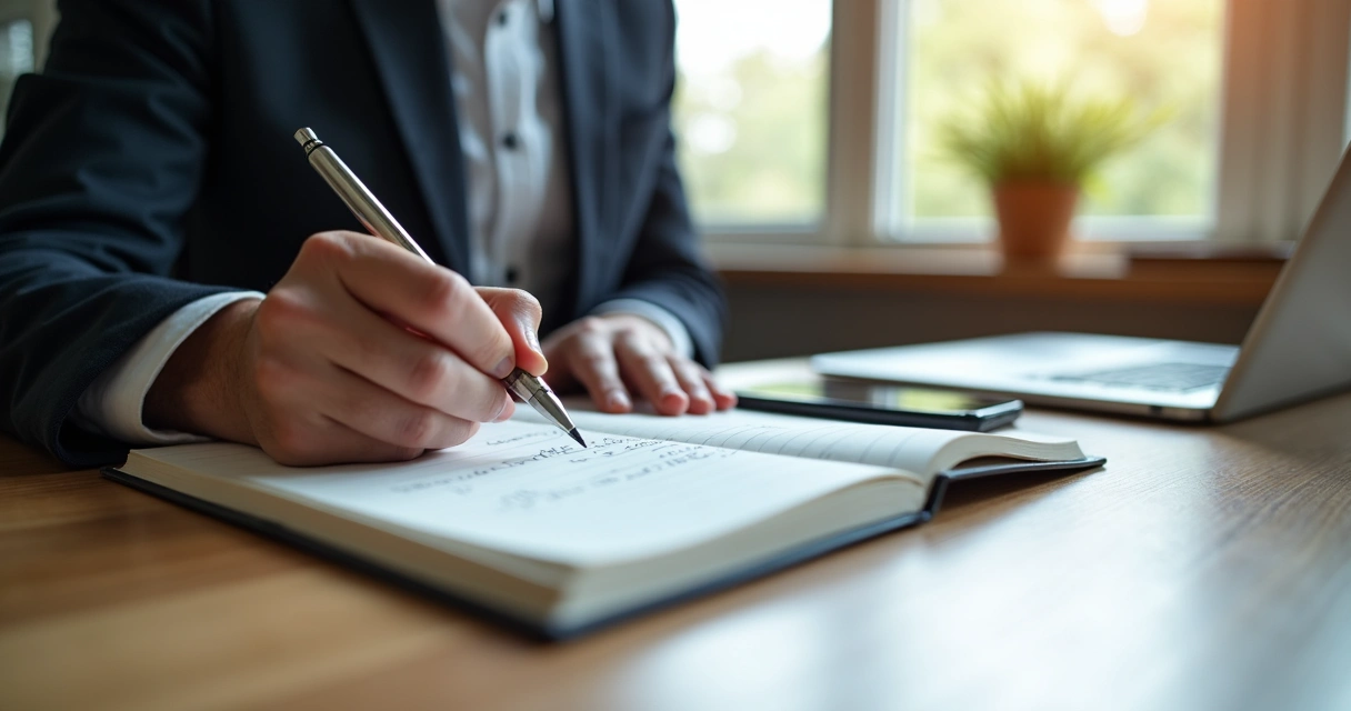 Pessoa escrevendo em caderno sobre emoções em ambiente profissional 