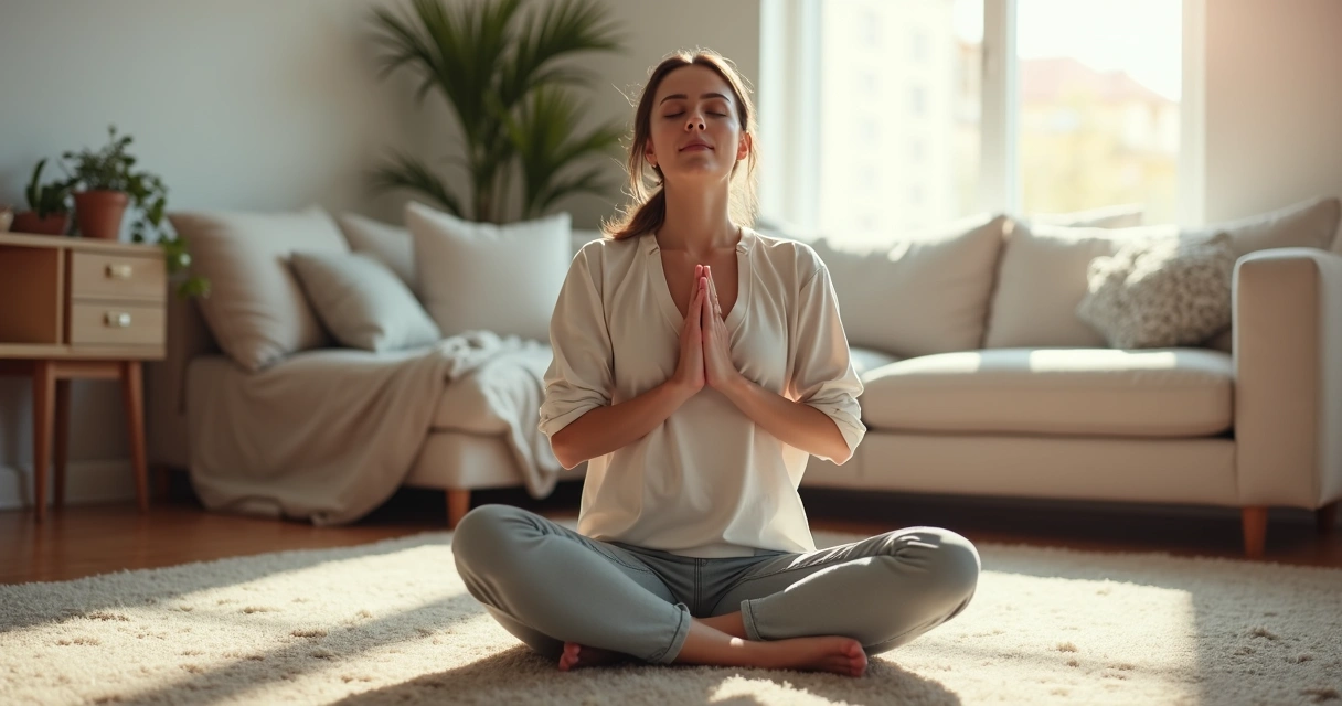 Pessoa sentada no chão de olhos fechados, sentindo o corpo 