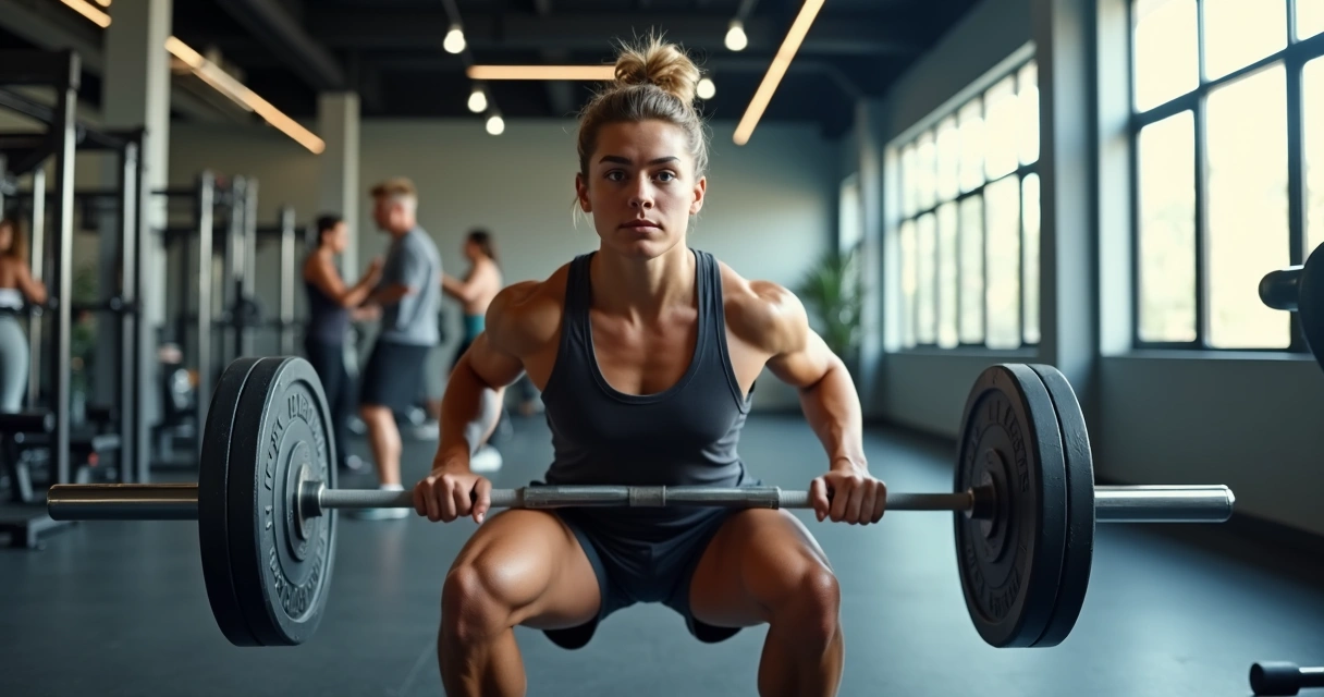 Pessoa fazendo agachamento na academia com barra olímpica 