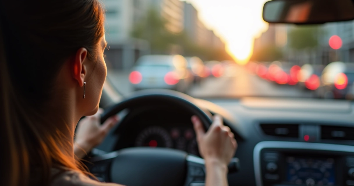Pessoa praticando respiração profunda no carro durante trânsito urbano 