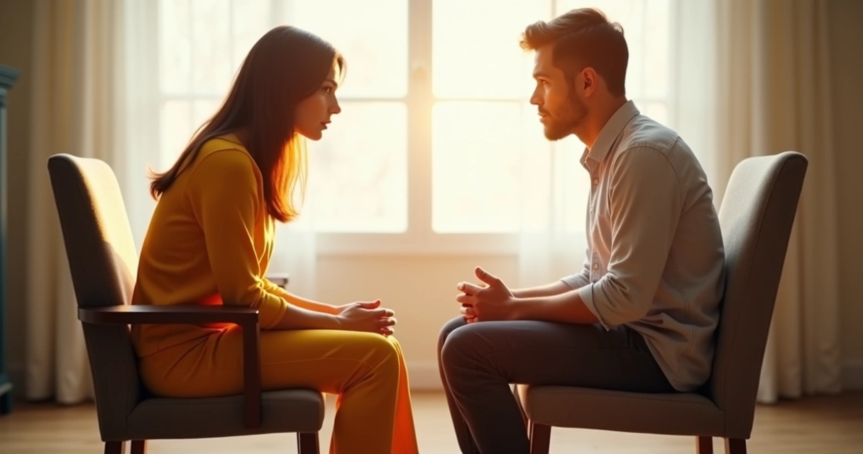 Duas pessoas sentadas, cada uma em uma cadeira, representando partes internas dialogando 