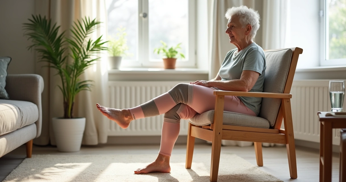Mulher idosa fazendo exercício suave para dor no joelho sentada em cadeira na sala de casa 