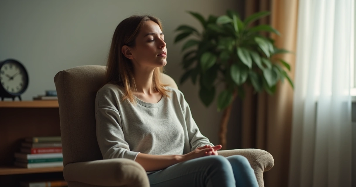 Pessoa sentada em posição confortável ouvindo sons do ambiente