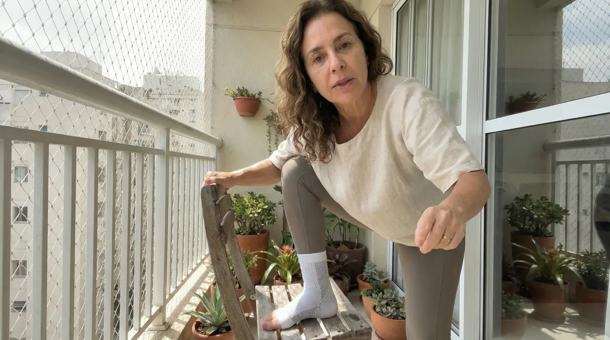 Mulher madura fazendo exercício de extensão de perna na varanda com meias de compressão NeuroFit