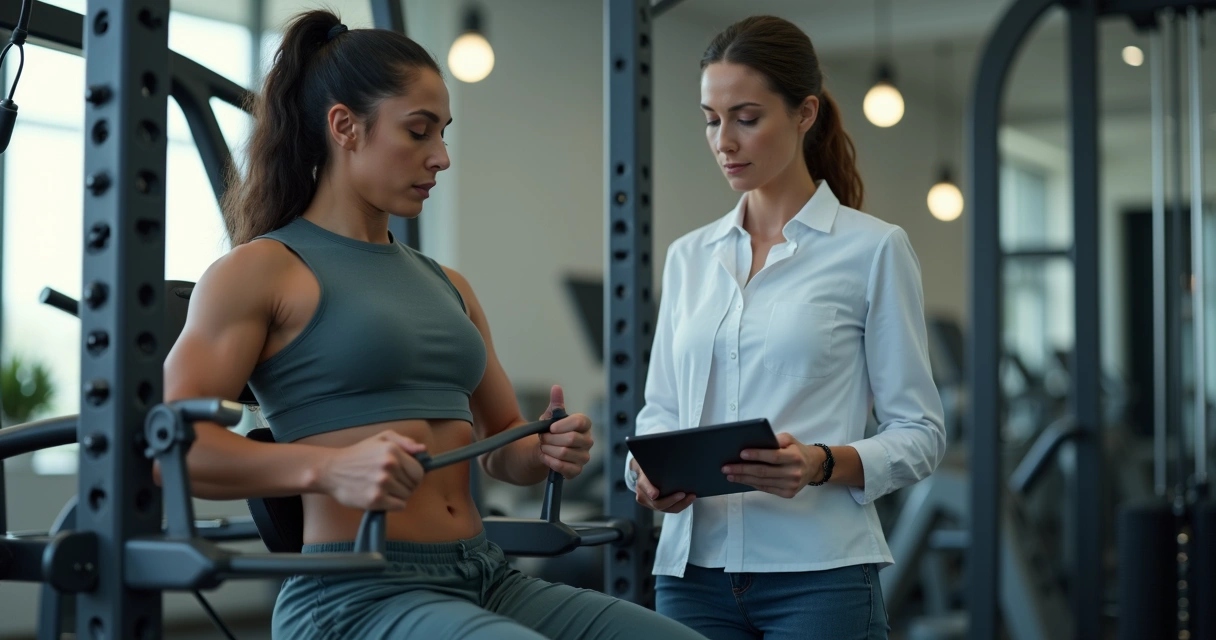 Paciente realizando exercício resistido sob orientação, nutricionista ao lado analisando registros digitais 