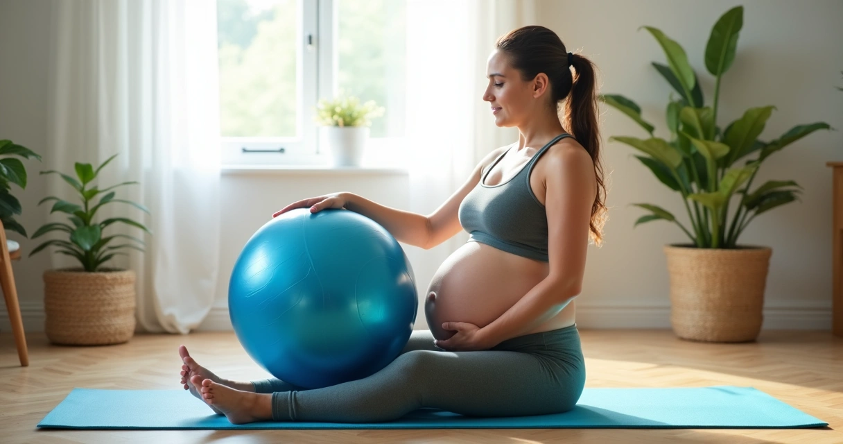 Gestante realizando exercício com bola de fisioterapia