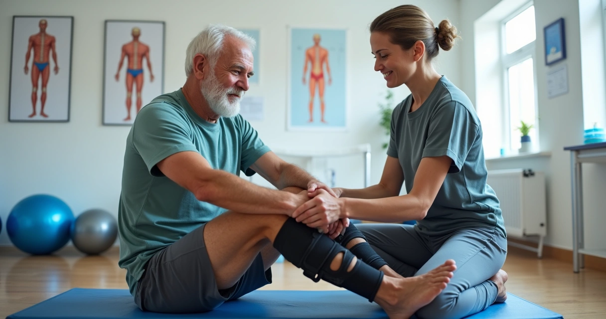 Idoso fazendo exercício de fisioterapia para joelho com orientação profissional na clínica 