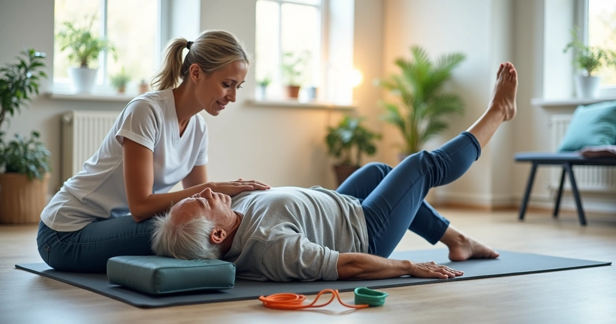 Paciente fazendo fisioterapia de quadril com fisioterapeuta supervisionando 