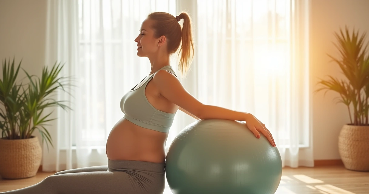 Gestante praticando exercício de pilates com bola em ambiente iluminado. 