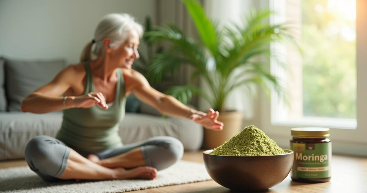 Idosa praticando exercícios leves em casa ao lado de pote de moringa em pó