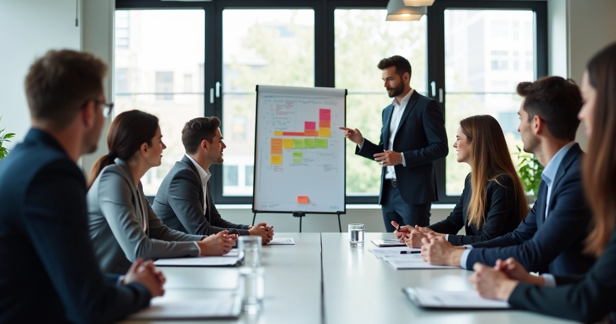 Equipe reunida em sala, líder conduzindo exercício coletivo 