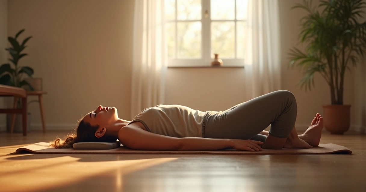 Pessoa praticando mapeamento corporal deitada, olhos fechados, ambiente sereno 
