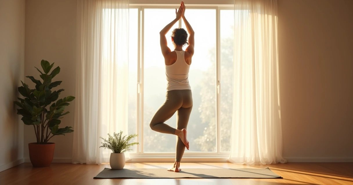 Mulher praticando alongamento matinal perto da janela