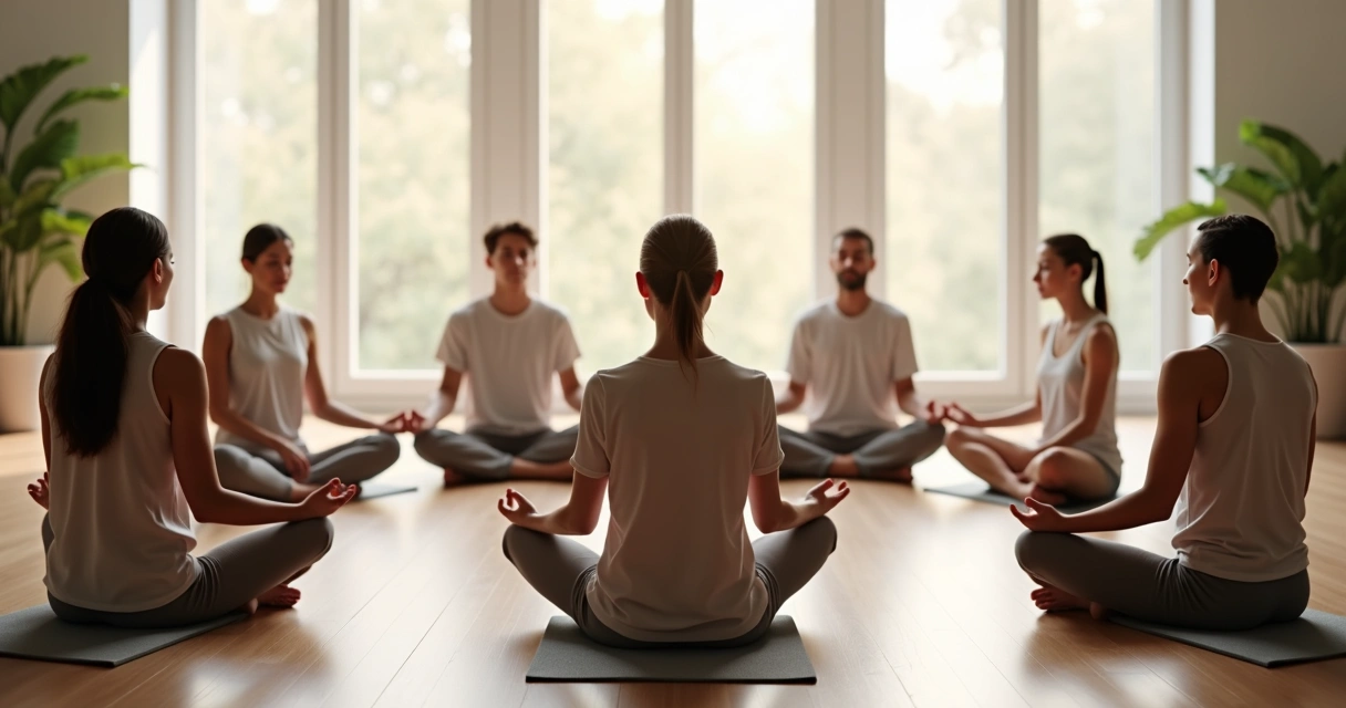 Grupo de pessoas realizando exercício de meditação sentados em círculo em ambiente claro 
