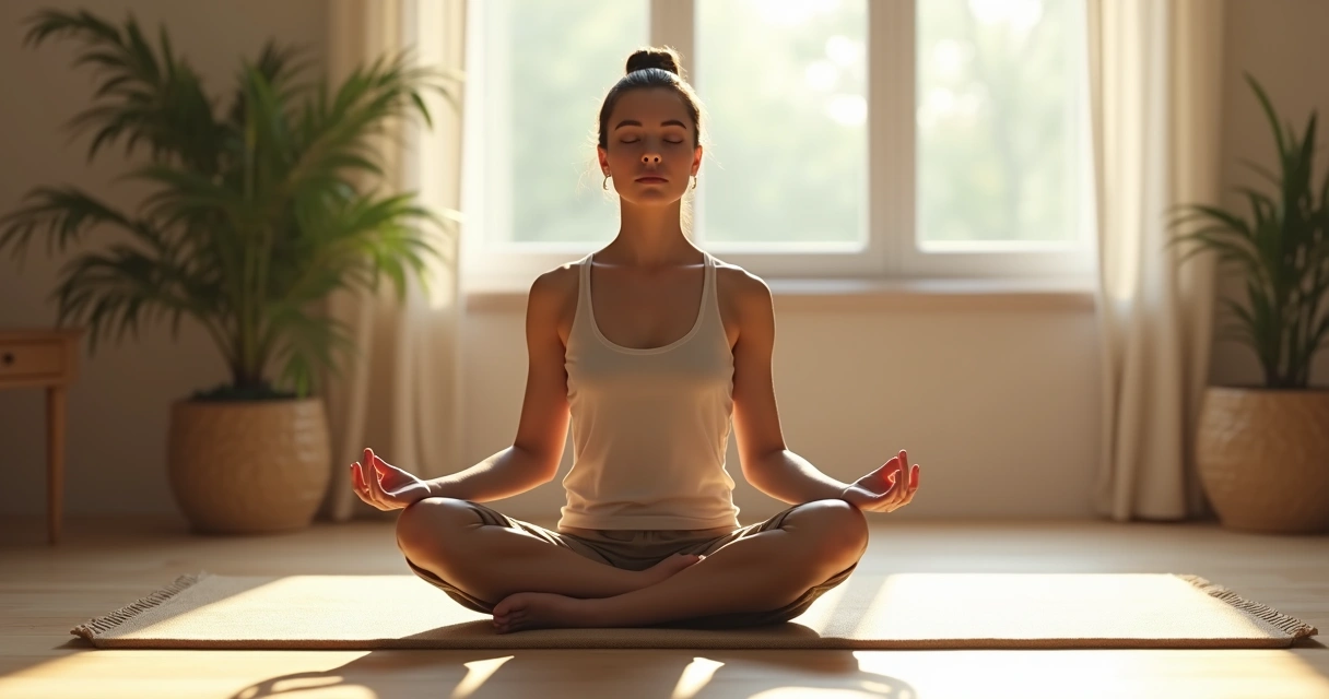 Pessoa em postura de meditação sentada, olhos fechados, com luz suave