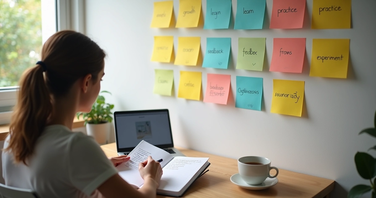 Pessoa refletindo com caderno aberto enquanto observa post-its coloridos de metas na parede 