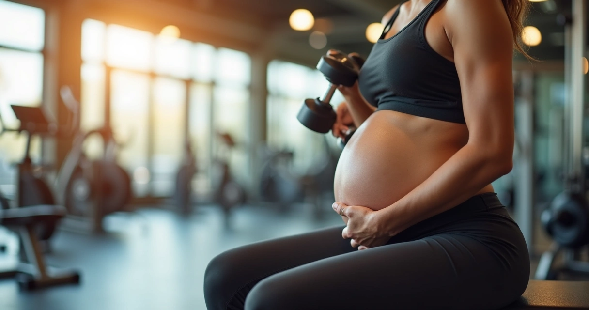 Mulher gestante fazendo exercício sentado com halteres 