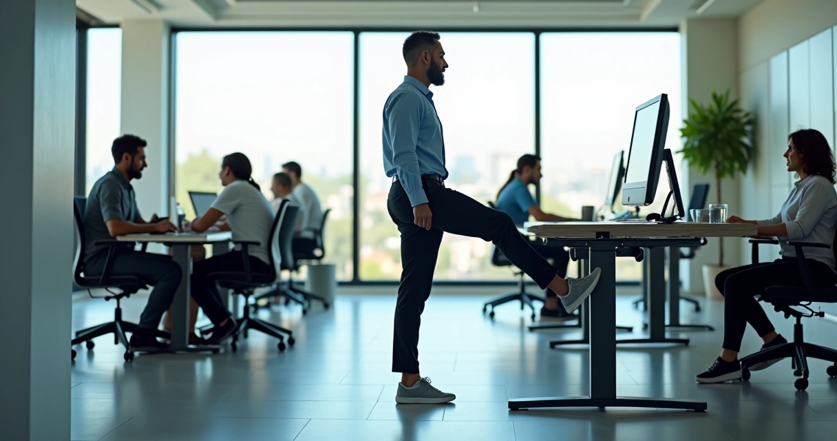 Profissional em escritório fazendo alongamento de pernas ao lado da mesa de trabalho 
