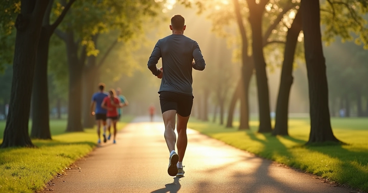 Homem caminhando em parque com roupas esportivas em manhã ensolarada