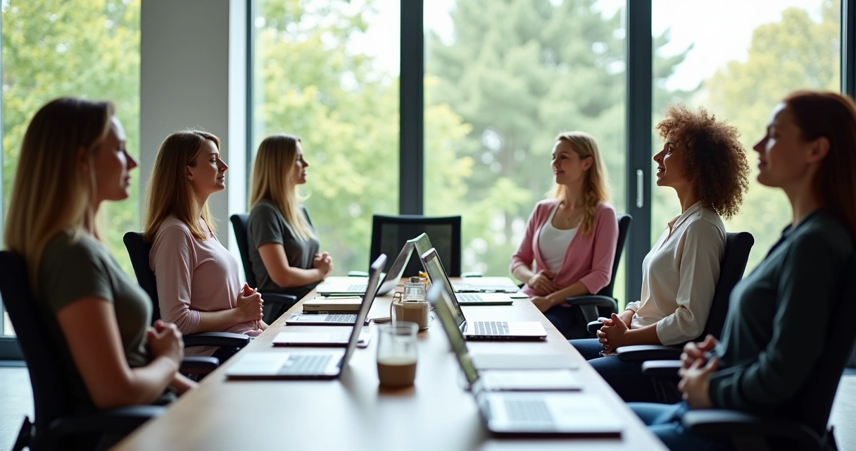 Grupo de pessoas praticando respiração consciente em ambiente de trabalho