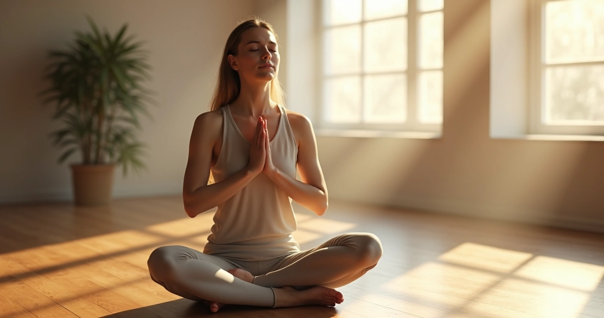 Pessoa sentada com postura ereta, olhos fechados e mãos sobre o peito, praticando respiração consciente