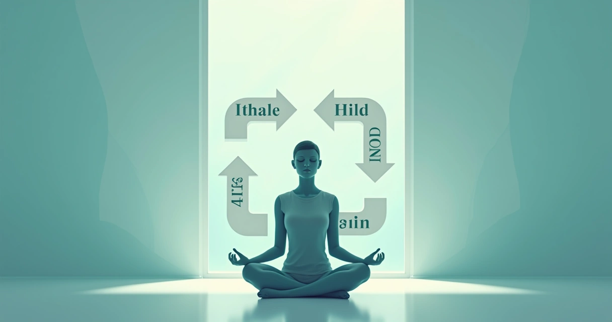 Representação visual de uma pessoa praticando respiração box com contagem de quatro segundos em cada fase, sentado em ambiente tranquilo 