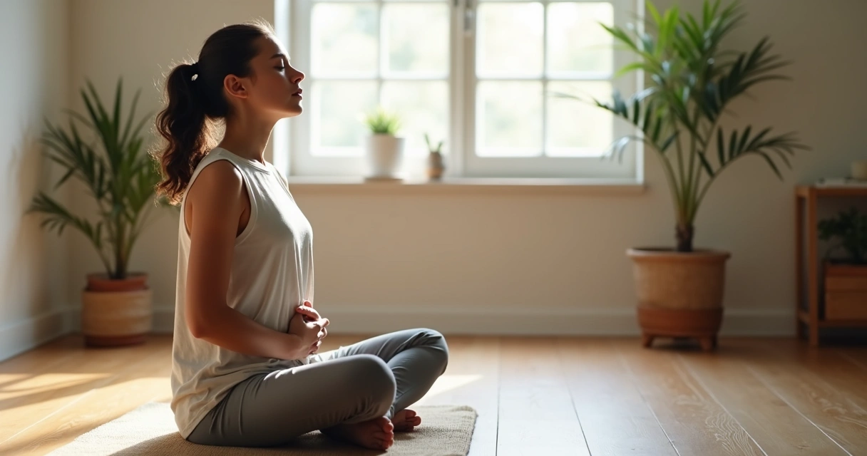 Pessoa praticando respiração consciente em postura sentada 