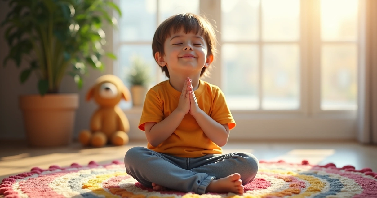 Criança sentada com olhos fechados, praticando respiração 