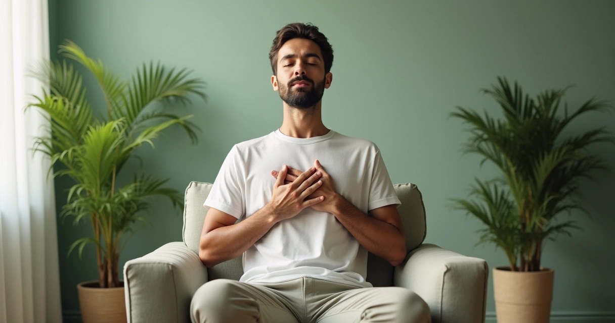 Homem realizando exercício de respiração em ambiente sereno, mostrando calma 