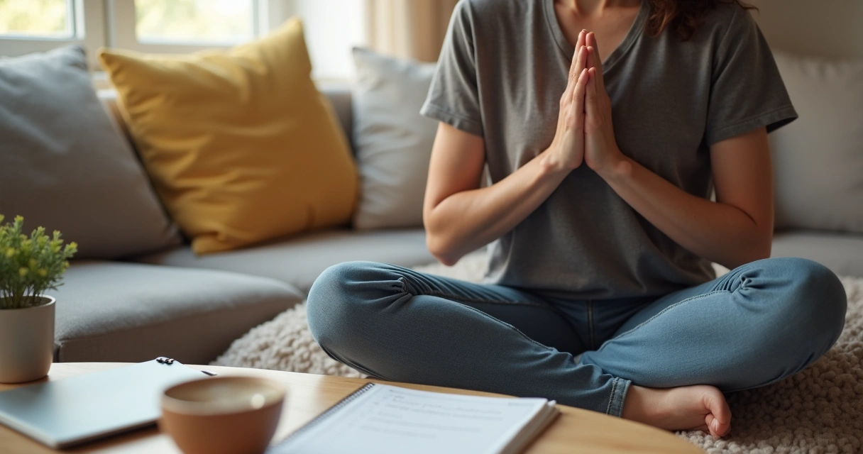 Pessoa sentada praticando respiração consciente com lista de etapas ao lado