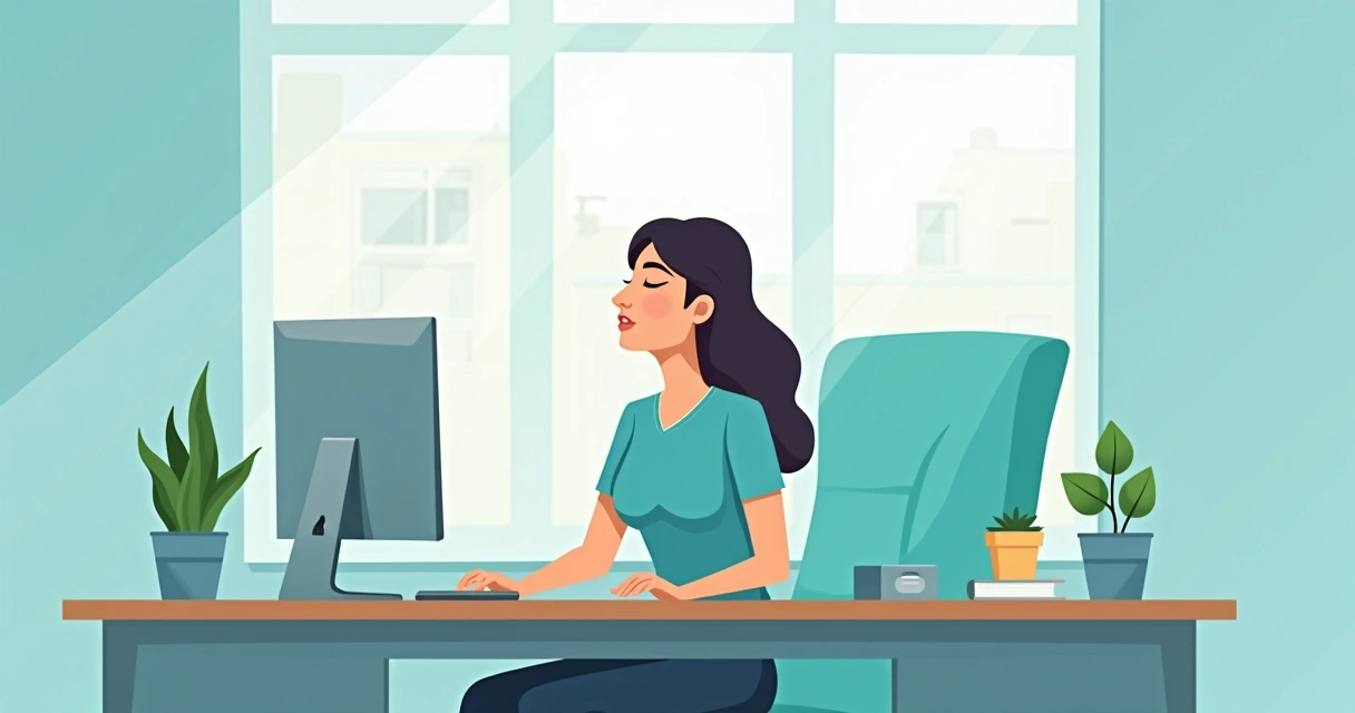 Pessoa praticando respiração consciente na mesa de trabalho com janela ao fundo 