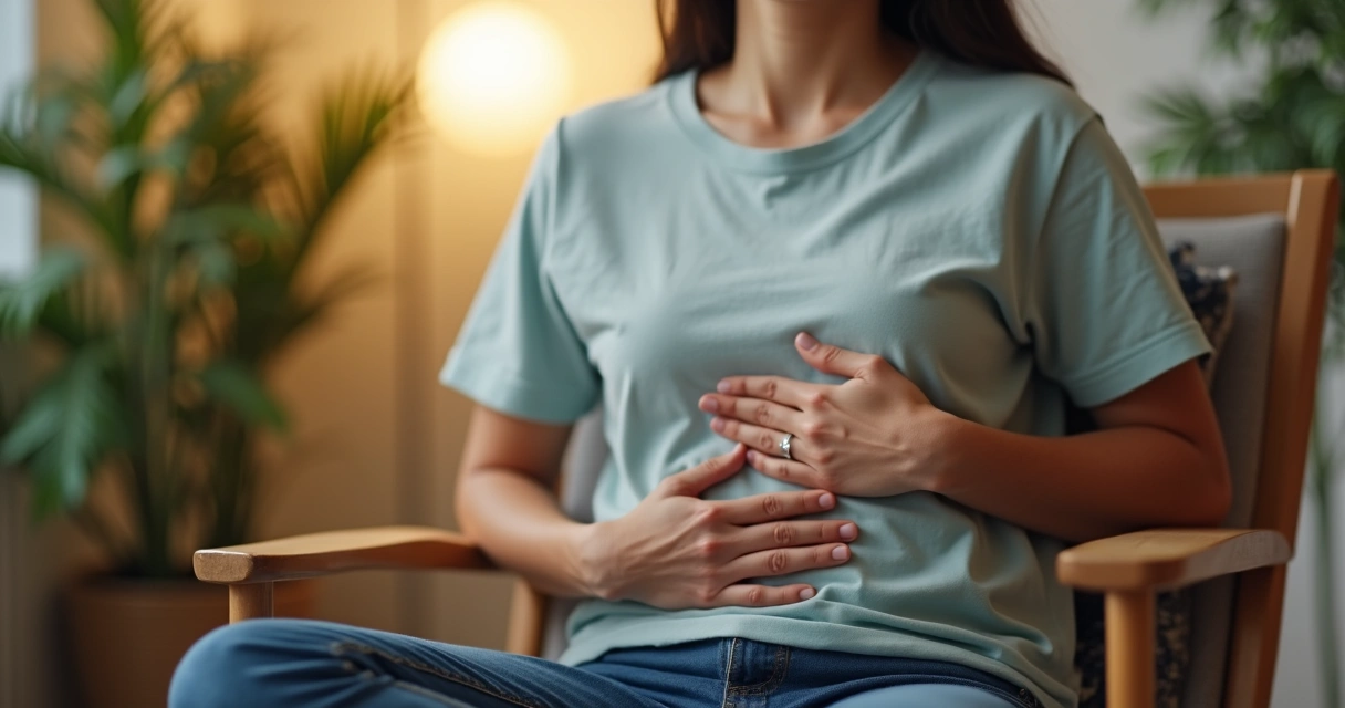 Pessoa fazendo exercício de respiração sentado na cadeira 